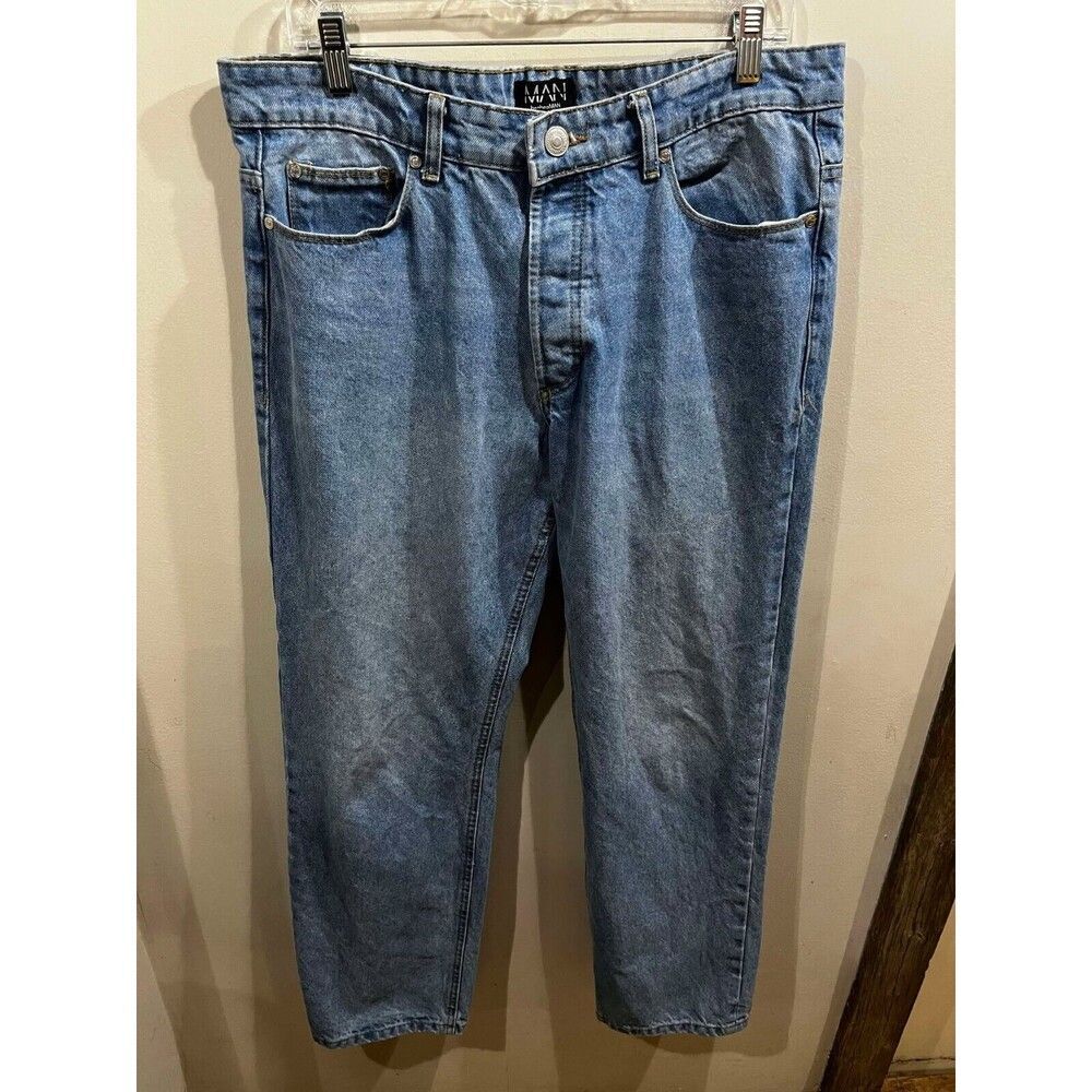 Boohoo Man Jeans Men's Size 34 Tag 35x29.5 Blue Straight Whiskered Cowboy Denim